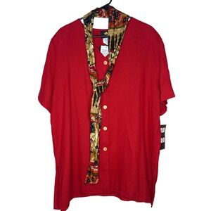 Karibo VTG NWT Red Ethnic V Neck Shirt XL, Button Front Women's Top with Scarf‎